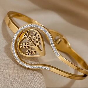 Chunky Heart Tree Titanium Steel Bangle Bracelet Golden Rhinestones